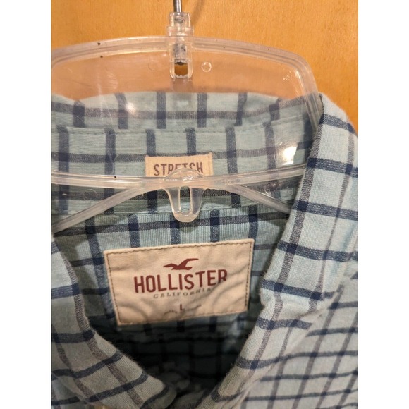 Men's Hollister Blue Plaid Button Down Shirt Size Large‎ Stretch - Picture 2 of 3